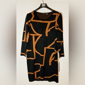 NWT Nina Leonard Long Sleeve Black/Cognac Swirl Pattern Dress, size Medium